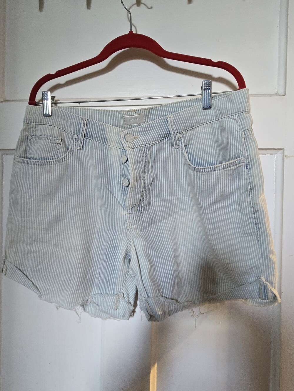 Mother Light Blue Pinstripe Denim Shorts